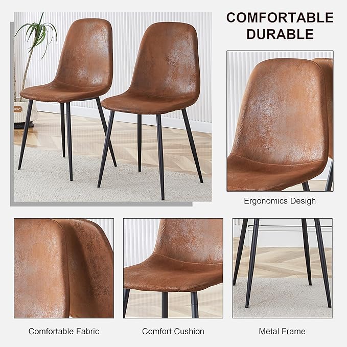 Modern Round Dining Table & Chairs Set for 4, 42" Wood Table with Upholstered Brown PU Leather Chairs for Kitchen, Dining Room & Small Spaces