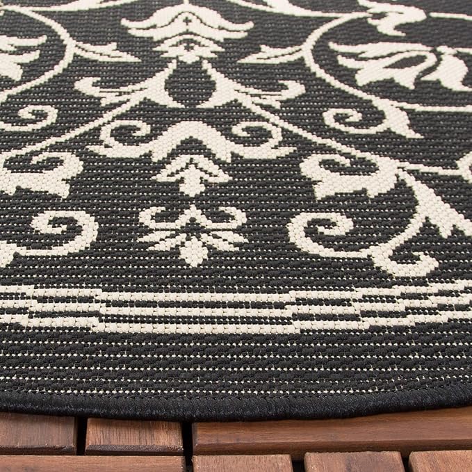 SAFAVIEH Washable Rug Outdoor Courtyard Collection - 7'10" Round, Black & Sand, Non-Shedding & Easy Cleaning, Ideal for Patio, Backyard, Mudroom (CY2098-3908)