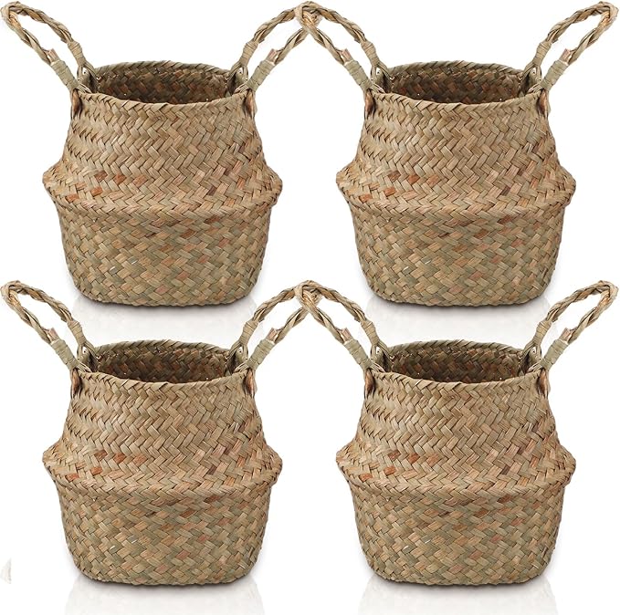 Qunclay 4 Pcs Woven Seagrass Baskets Belly Basket Folding Boho Natural Plant Pot with Handles Round Decorative Wicker Large Indoor Planter for Home Outdoor Tree Planters Decor (5.5 x 6.3 Inch)