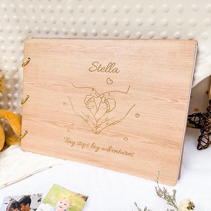 Personalized Baby Photo Album - Wooden Baby Memory Book - Custom Name Baby Scrapbook,Baby Album and Memory Book - Unique Newborn Baby Gift for New Parents