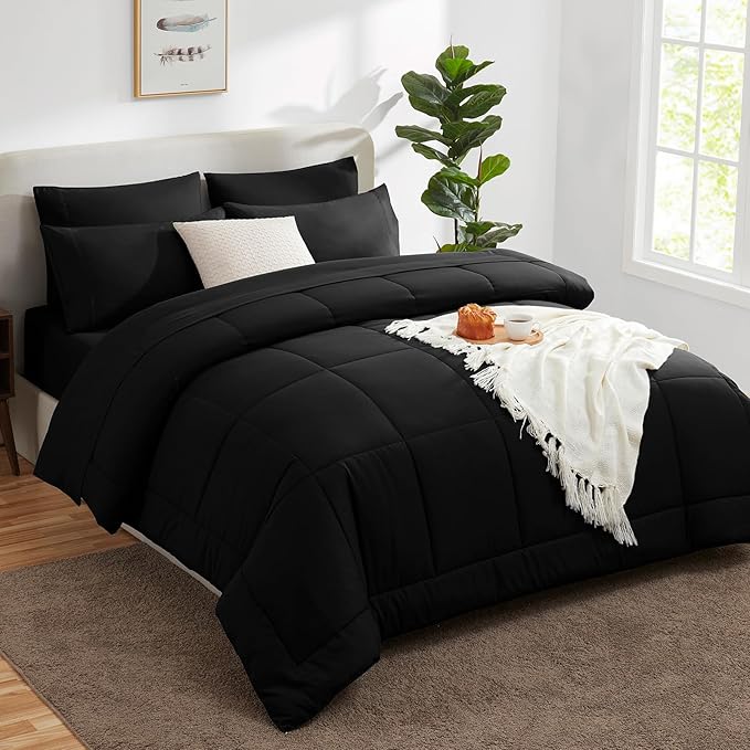 CozyLux California King Comforter Sets Black, 7 Pieces Cal King Bed in a Bag, All Season Bedding Sets with Stitch Quilted Comforter, Flat Sheet, Fitted Sheet, Pillowcases