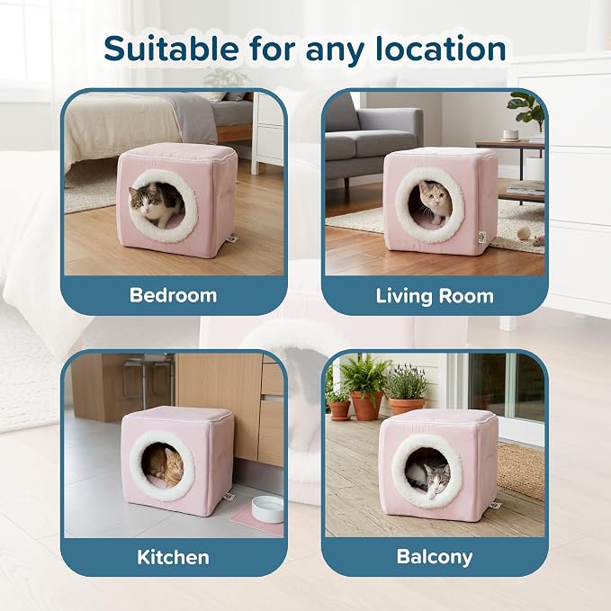 Cat House - Indoor Bed with Removable Foam Cushion - Cat Cave for Puppies, Rabbits, Guinea Pigs, Hedgehogs, and Other Small Animals by PETMAKER (Pink)