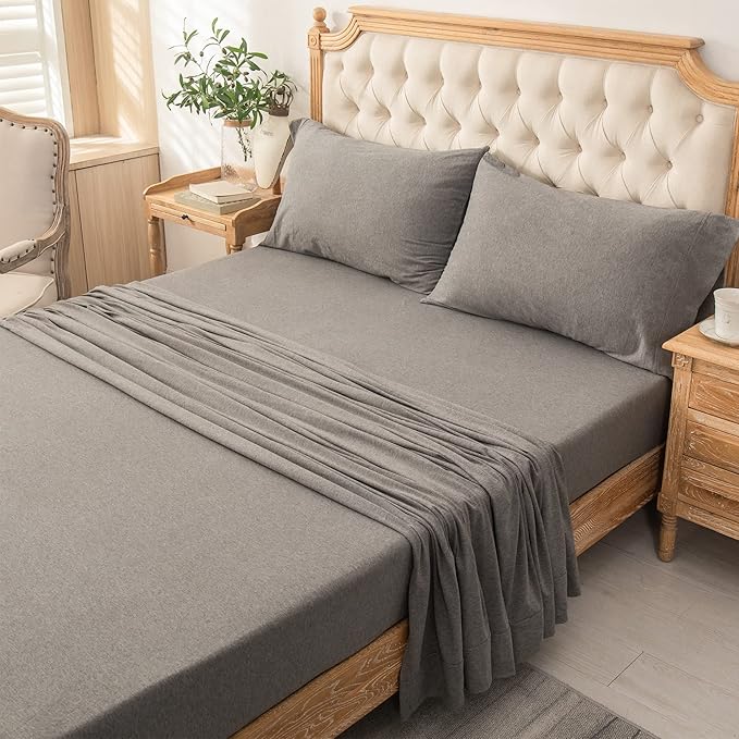PURE ERA Jersey Knit 4pc Bed Sheet Set 100% T-Shirt Cotton Super Soft Comfy Breathable Fits Mattress Up to 15" Extra Deep Pocket (Heather Dark Grey, Twin)