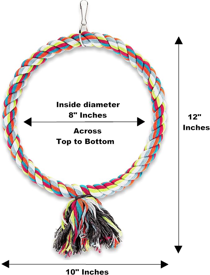 Spoiled Pet® Medium Bird Rope Perch Circle Swing Toy Multicolor 8 Inch | Natural cotton & steel rod cage accessory for Cockatiel Conure, Safe to climb, chew, relieve boredom, with metal quick link