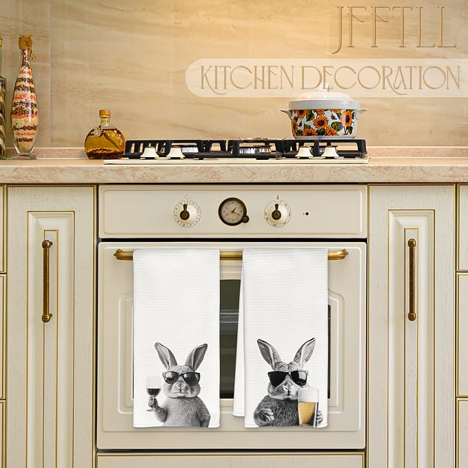 Funny Bunny Kitchen Towels Set of 2, Funny Kitchen Decor, Wine Station Wine Bar Decor, Black and White Bunny Owner Gift Hand Towel, Dining Room Decorative Tea Towel Dish Towels 16x24 Inch