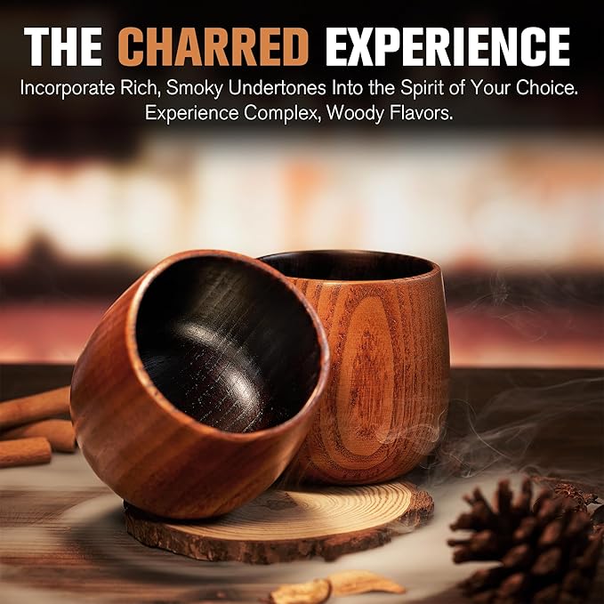 Charred Wooden Bourbon Drinking Glass, 2 Handcrafted Whiskey Tumblers | Bourbon Gifts for Men | Charred Old Fashioned Glass | Unique Whiskey Gifts for Men, Dad, or Brother - Includes 6 Metal Ice Cubes