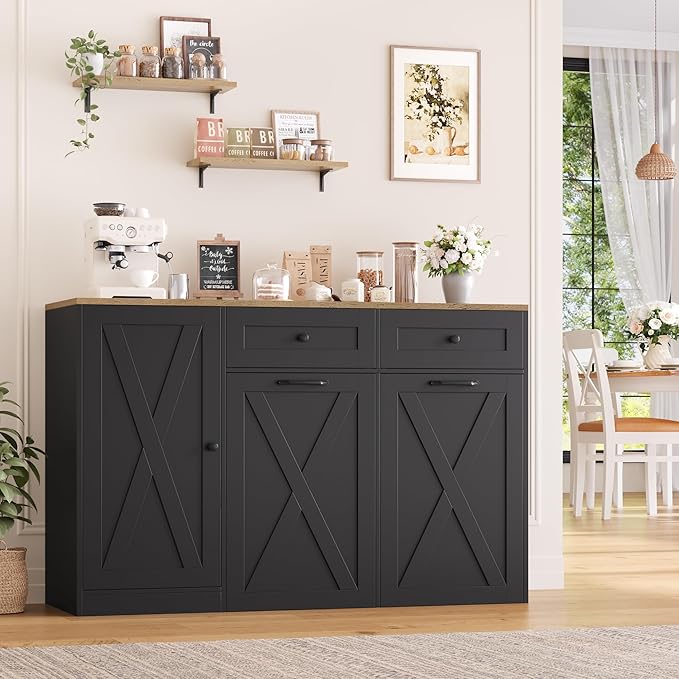 HOSTACK 12.5 Gallon Kitchen Trash Cabinet, 47" Double Trash Can Cabinet, Large Pull Out Can Storage Drawers, Wood Farmhouse Hidden Garbage Storage Buffet for Kitchen, Dining Room, Black