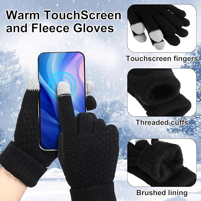 SATINIOR 5 Pcs Winter Hat Scarf Gloves Set Fleece Warm Lined Knit Beanie Hat Touch Screen Earmuff Gloves Warmer for Women(Black,Basic Style)