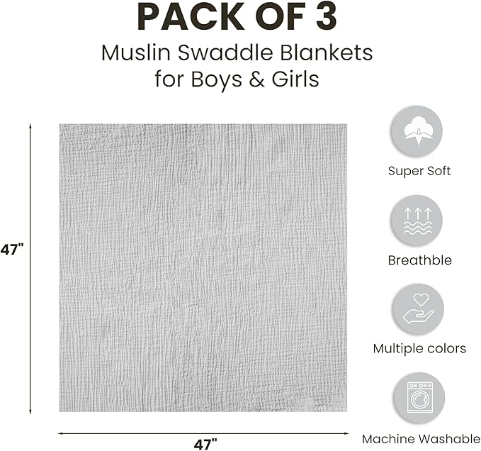 Konssy 3 Pack Muslin Swaddle Blankets for Unisex, Newborn Receiving Blanket, Large 47 x 47 inches, Soft Breathable Muslin Baby Swaddles for Boys & Girls