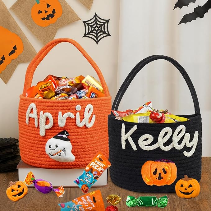 Personalized Halloween Baskets Gift for Kids, Custom Woven Candy Bucket with Name, Halloween Trick or Treat Basket