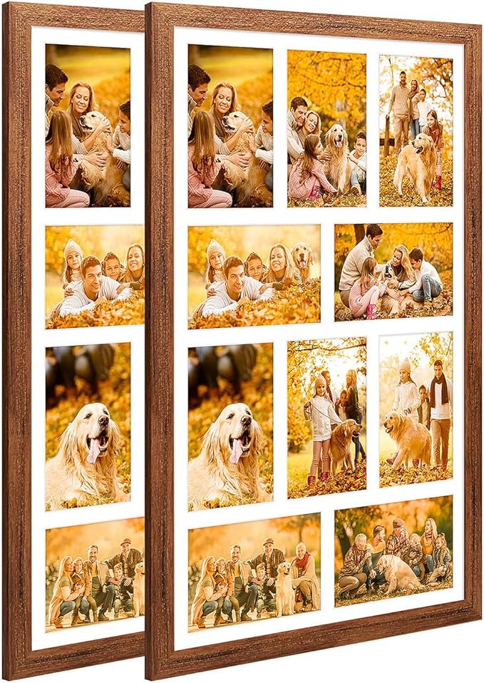 13x21 Collage frame with 10 Openings 4X6 Pictures, Multiple Picture Frame with Mat, Wall or Tabletop Decor, Carbonized Brown Wood Grain,2 Pack
