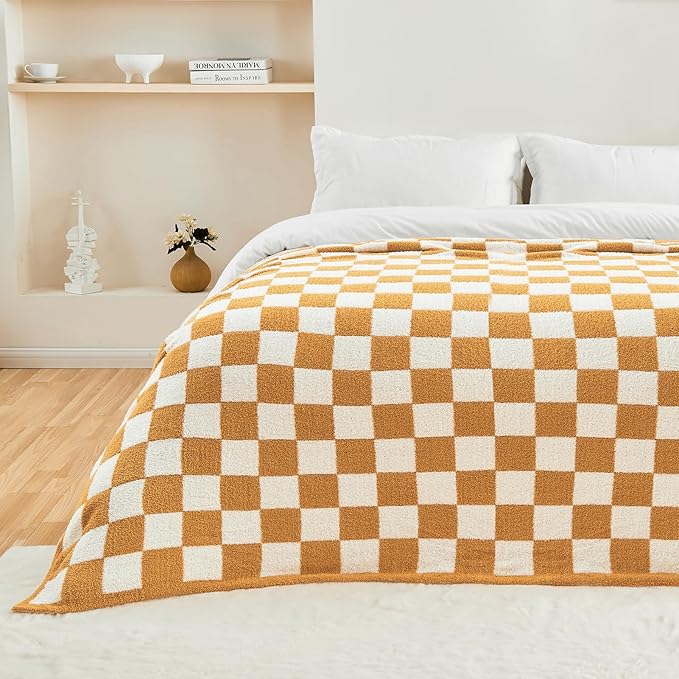 CozeCube Super Soft Fullfy Microfiber Reversible Knitted Blankets, Warm Cozy Fuzzy Plush Throw, Orange and White Checkered Throw Blanket for Couch Bed Sofa, 60" x 80"