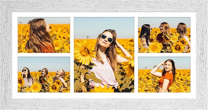 11x23 Picture Frame Display 5 opening 5x7 and 8x10 Picture Frame Collage,Multi Photo Frame with Mat,Plexiglass,Horizontal and Vertical Formats for Wall Decor,Distressed White Wood Grain