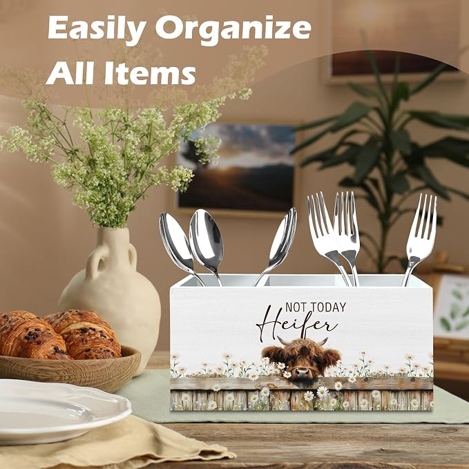 DILSJ Highland Cow Decor Pen Pencil Holder Organizer for Desk, Highland Cow Gifts for Women, Not Today Heifer Wooden Box Signs for Home Office Desk Tabletop Decoration