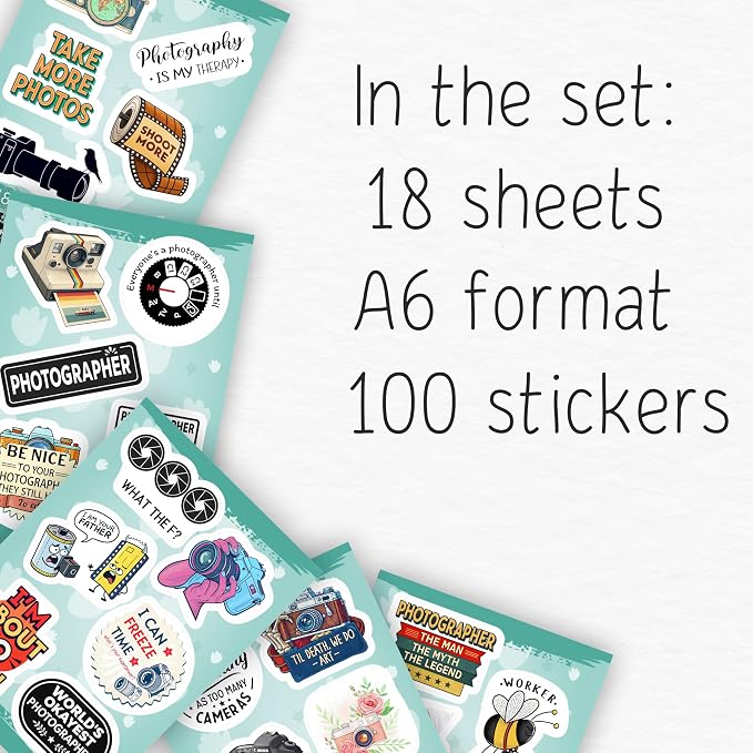 100Pcs Photography Stickers for Water Bottle and Laptop - Photography Party Supplies - Gifts for Photographer - Photo and Camera Stickers - Gift for Women & Men