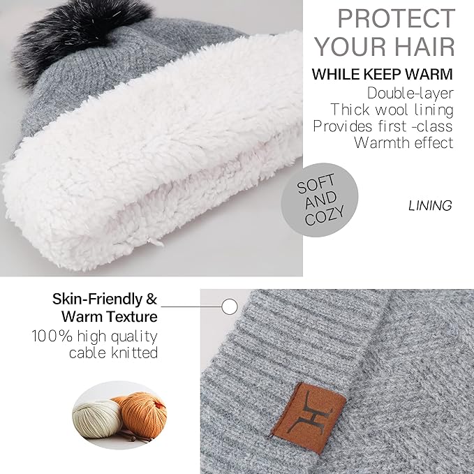 Womens Winter Warm Knit Beanie Hat Long Scarf Touchscreen Gloves Set with Fleece Lined Pom Skull Cap Gifts for Women
