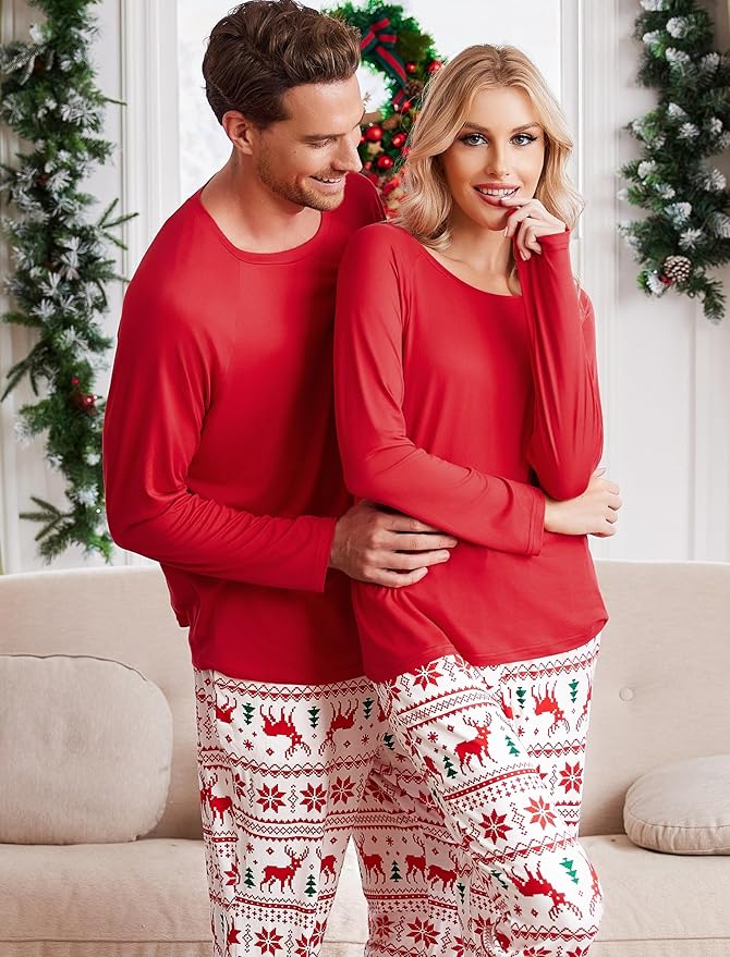 Ekouaer Family Matching Pajamas Christmas Sleepwear Long Sleeve Sleep Shirt with Plaid Pants Soft Loungewear Pjs Set S-XXL