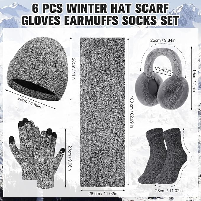 Geyoga 6 Pcs Winter Knit Set Beanie Hat Long Scarf Touchscreen Gloves Ear Muff Socks Warm Valentine Gift for Women Men Snow(Dark Grey,Chic Style)