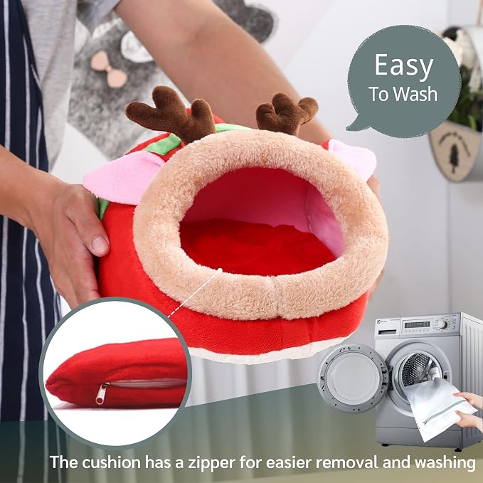 JanYoo Guinea Pig Rabbit Ferret Bed Hide Huts Removable Cushion for Rat Accessories Toys (L,Reindeer)