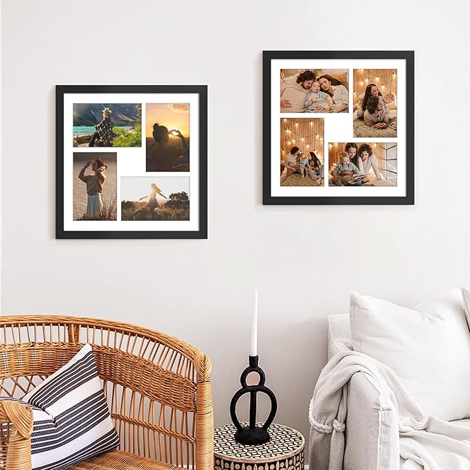 12x12 Picture Frame, 4x6 Collage Picture Frame, Displays Four 4x6 inch Photos, or 12x12 (Without Mat) Available for Wall Mount or Table Top Horizontal and Vertical Display, Black.