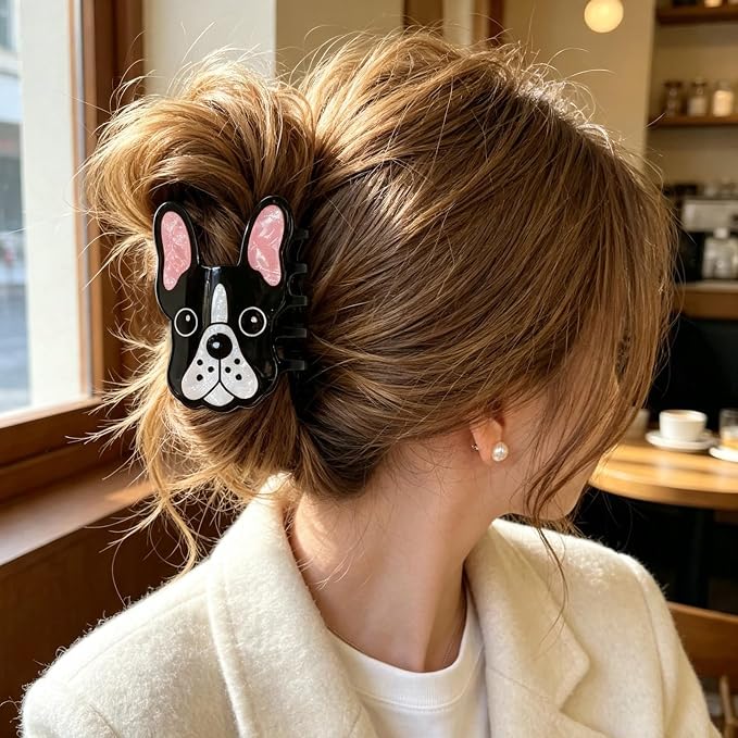 Cute French Bulldog Hair Claw Clips Dog Hair Clips Acrylic Hair Barrettes | Black White Puppy Hair Jaw Clips Animal Hair Accessories Strong Hold Nonslip Grip Clips for Women Daily Holiday Party Styling
