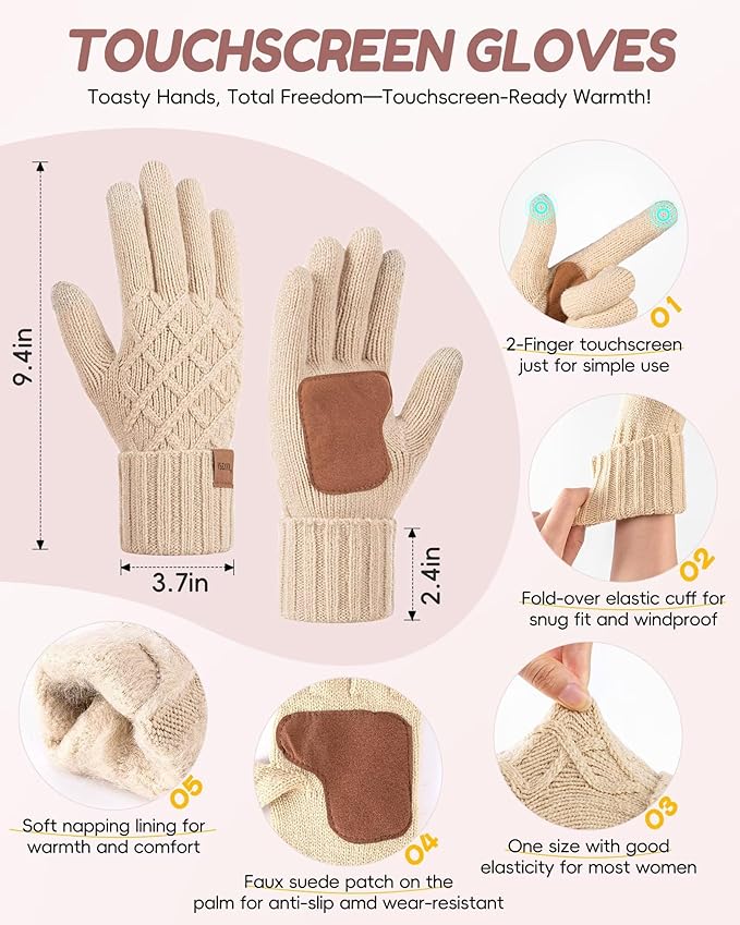 Womens Winter Hat Gloves Scarf Headband Set, Pom Pom Beanie Long Scarf Touchscreen Gloves Ear Warmer, 4 in 1 Warm Gift Set