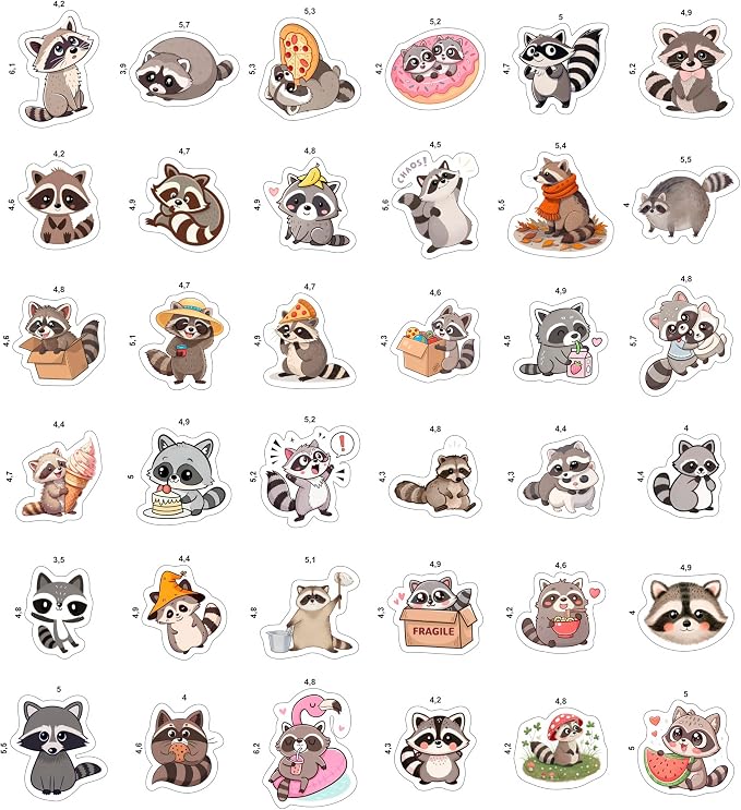 100Pcs Raccoon Stickers for Water Bottle, Laptop - Raccoon Gifts & Party Supplies - Gift for Women & Men