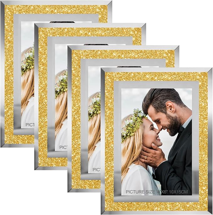 4x6 Picture Frames Gold - Set of 4, Sparkle Real Glass 4 by 6 Photo Frame with Silver Mirrored Edge, for Tabletop Display, Wedding Birthday Christmas Day Gifts (4 x 6, Glitter Gold)