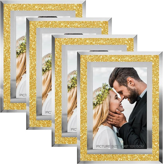4x6 Picture Frames Gold - Set of 4, Sparkle Real Glass 4 by 6 Photo Frame with Silver Mirrored Edge, for Tabletop Display, Wedding Birthday Christmas Day Gifts (4 x 6, Glitter Gold)