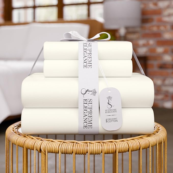 SUPREME ELEGANCE Organic 100% Cotton Queen Sheet Set, 18” Deep Pocket, Light Ivory | Lightweight, Eco-Friendly Cotton, Percale Softness, Durable & Breathable, Naturally Cooling | All Season Comfort