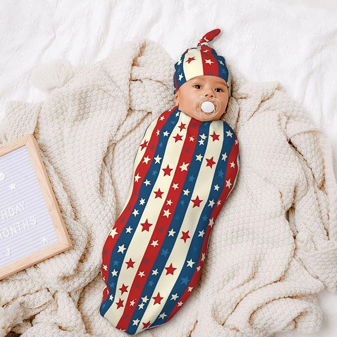 Newborn Swaddle Blankets and Hat Set Soft Cotton Baby Swaddle Wrap Warm Infant Receiving Blanket Flag Star