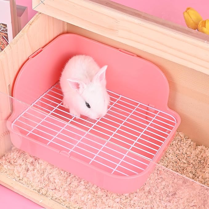 RUBYHOME Rabbit Litter Box Toilet, Plastic Square Cage Box Potty Trainer Corner Litter Bedding Box Pet Pan for Small Animals, Rabbits, Guinea Pigs, Chinchilla, Ferret, Galesaur, 11.4 Inches (Pink)