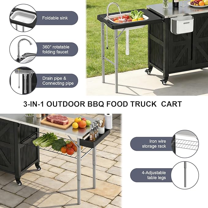 Outdoor Grill Cart with Storage Cabinet, 3-in-1 Movable Kitchen Island with Stainless Steel Tabletop, 4 Swivel Wheels, Foldable Sink Rolling Bar Table Cart BBQ Food Prep Station for Patio, Black