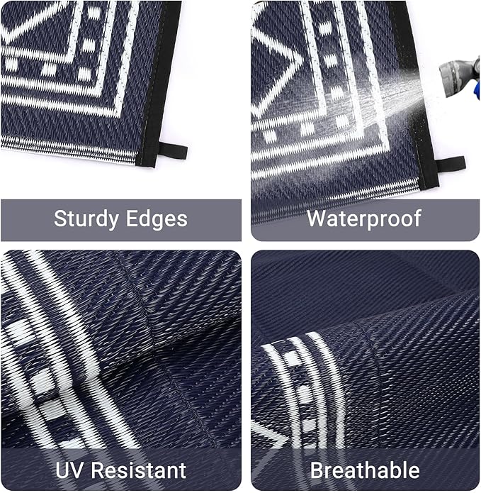 10x14 Large Outdoor Rug,Modern Bordered Plastic Straw Carpet,Waterproof Lightweight Outdoor Carpet,Easy Cleaning Folding Uv Resistant Picnic Camping Mat,Black and Blue/White