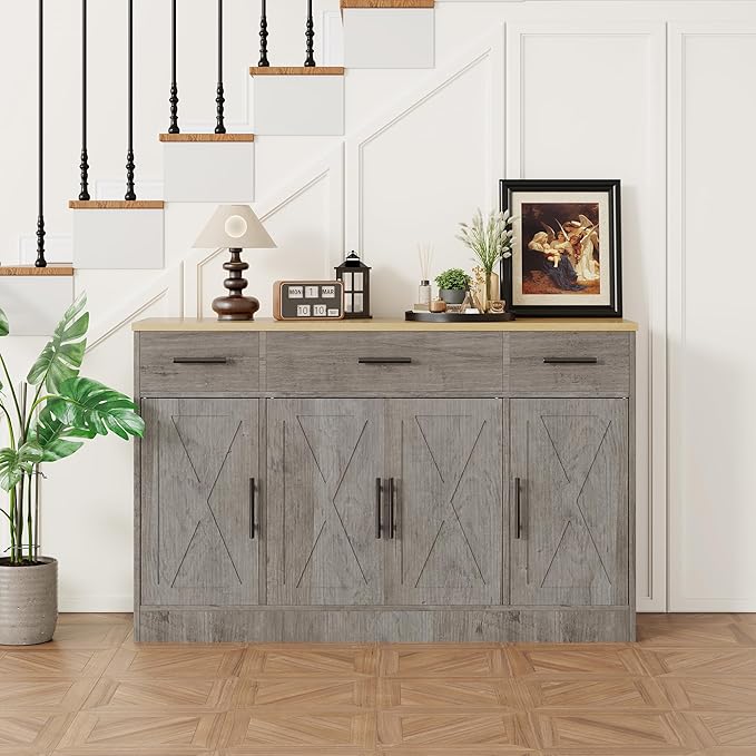Shintenchi Buffet Cabinet with Storage,53.4" Large Kitchen Storage Cabinet with 3 Drawers and 4 Doors,Wood Farmhouse Buffet Sideboard with Adjustable Shelf for Kitchen Living Room, Gray