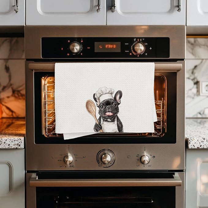 Funny French Bulldog Chef Kitchen Towels, Frenchie Gifts for Women Men, Gifts for Chef, Funny Frenchie Dog Decorative Dish Hand Tea Towels for Kitchen Bakery, 16x24 Inch