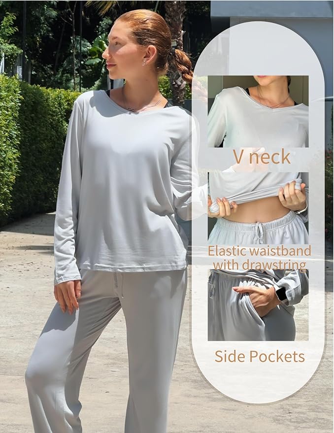 Ekouaer Womens 2 Pack Pajama Set Long Sleeve Pajamas Top and Pants V Neck Pjs Set Soft Loungewear with Pockets