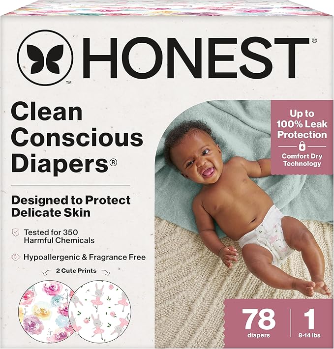 The Honest Company Clean Conscious Diapers for Delicate Skin Up to 100% Leakproof Hypoallergenic Fragrance-Free Baby Girl Prints Club Box Size 1 (8–14 lbs) 78 Count (Prints May