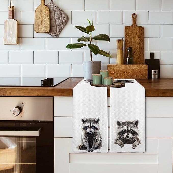 Funny Raccoon Kitchen Towels and Dishcloths Sets of 2, Raccoon Decor Gifts, Woodsy Rustic Cabin Lodge Forest Animal Nursery Home Decor Dish Hand Tea Towels for Bathroom Kitchen, 16x24 Inches