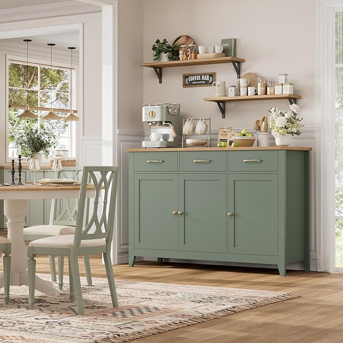 HORSTORS 47" Buffet Cabinet with Storage, Kitchen Buffet Table with Drawer, Modern Coffee Bar Storage Cabinet with Adjustable Shelf, Wood Sideboard for Dining Room, Kitchen, Entryway, Light Green