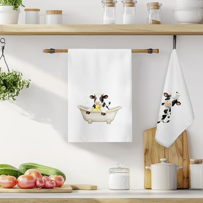Funny Cow Bathroom Hand Towels, Cow Lover Gifts, Cute Bathing Calf Farm Animal Decorative Hand Towels for Bathroom Washroom Restroom, 16x24 Inch Set of 2