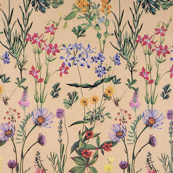 RUSPEPA Wildflower Floral Wrapping Paper Roll for Women, 17 Inches x 9.8 Feet, Mini Roll, Herbal Kraft Wrapping Paper for Christian Gifts, Birthdays, Weddings, Bridal Shower and Engagement