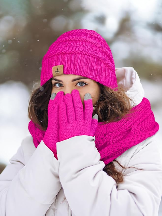Winter Beanie Hat Scarf Gloves, Warm Fleece Knit Hats Touch Screen Gloves Neck Scarf Set Winter Gifts for Unisex Adult