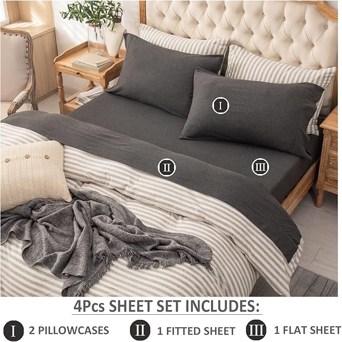 PURE ERA Jersey Knit 4pc Bed Sheet Set 100% T-Shirt Heather Cotton Super Soft Comfy Breathable Fits Mattress Up to 20" Extra Deep Pocket (Charcoal Dark Grey, Queen)