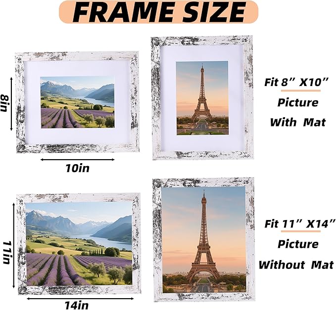 6 Pcs 11x14 Rustic White Wood Picture Frame - Display Pictures 8x10 with Mat or 11 x 14 without Mat - Distressed White Wooden Photo Frames for Wall Mounting 11 14 Matted to 8x10 Farmhouse Set of 6