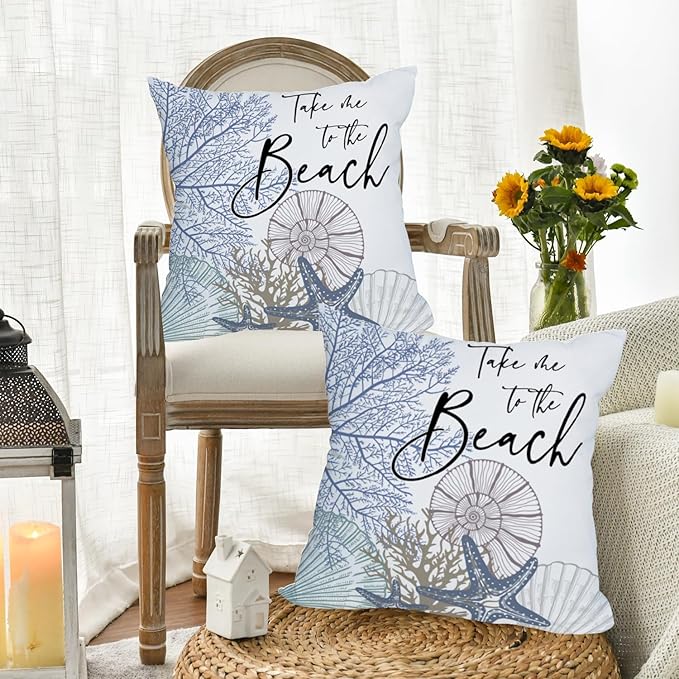 Fukeen 2 Pack Waterproof Take Me to The Beach Summer Pillow Covers 24x24 Inch Blue Ocean Sea Shell Coral Conch Starfish Throw Pillow Covers Outdoor Coastal Decorations Cushion Case Double Sided