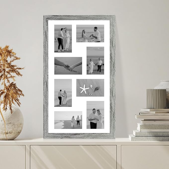 12x22 Picture Frame Set of 2, Grey with Glass Collage Frame, Display Eight Opening 4x6 Photos With Mat or 12 x 22 Newspaper Without Mat - Horizontal or Vertical Wall Mounting