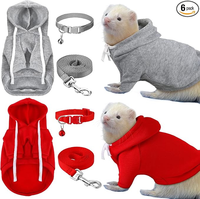 Foaincore 6 Pcs Ferret Clothes Hoodie Sweater Leash Harness Set Grey Red | Soft Hoodie Sweaters with Drawstring, Collar with Bell for Safety, Leash Included, For Guinea Pig Hamster Chinchilla