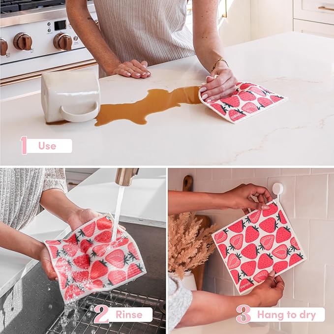 Papaya Reusable Paper Towels, Premium Swedish Dishcloths, Washable Reusable Dish Cloths, 1 Sheet Replaces 17 Rolls, Eco Friendly Stocking Stuffer - 4 Sheets, 2 Hooks