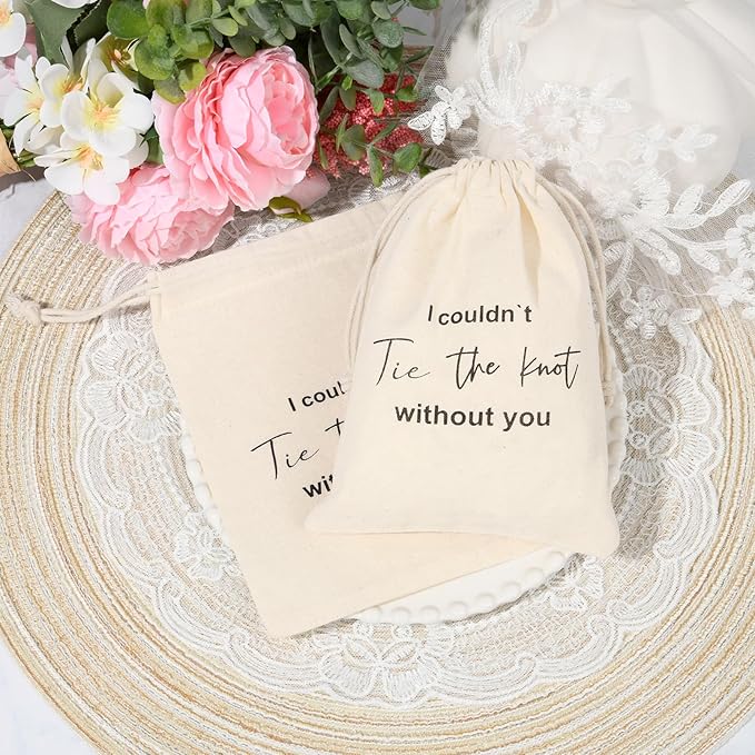 CEELGON 8 Pcs Drawstring Jewelry Pouch Bridesmaid Gift Bags Linen Cotton Fabric Wedding Bridal Party Favor Bags Bachelorette Tie The Knot Earring Packaging Proposal Gift (Natural)